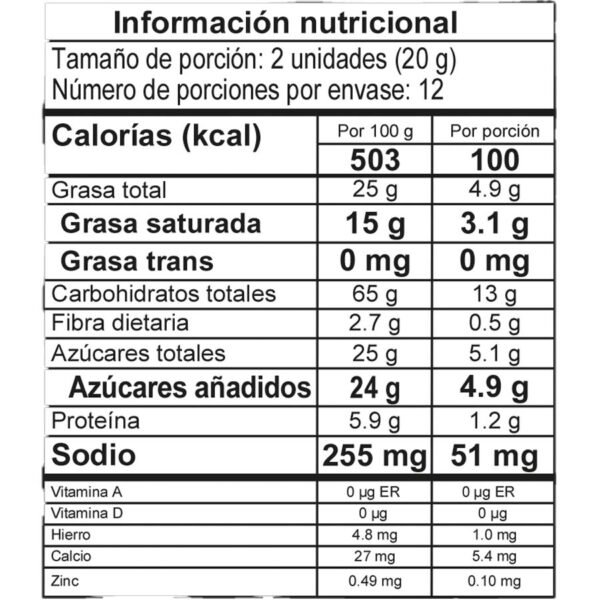 Galletas Choco Chips 240g tabla nutricional