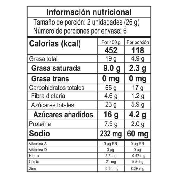 Galletas Integrales pasas tabla nutricional