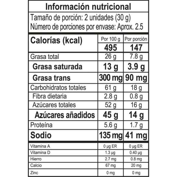 Chocolates Garoto 82g tabla nutricional