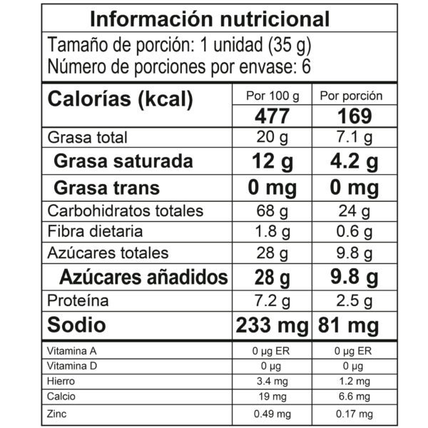 Galletas choco chips mini tabla nutricional