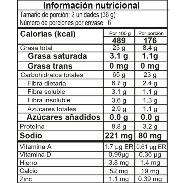 Galletas Kalá avena, almendras y chía 216gr tabla nutricional
