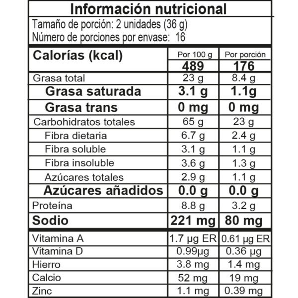 Galletas Kalá avena, almendras, chía display tabla nutricional