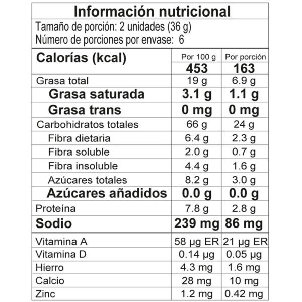 Galletas Kalá avena y arándanos 216gr tabla nutricional