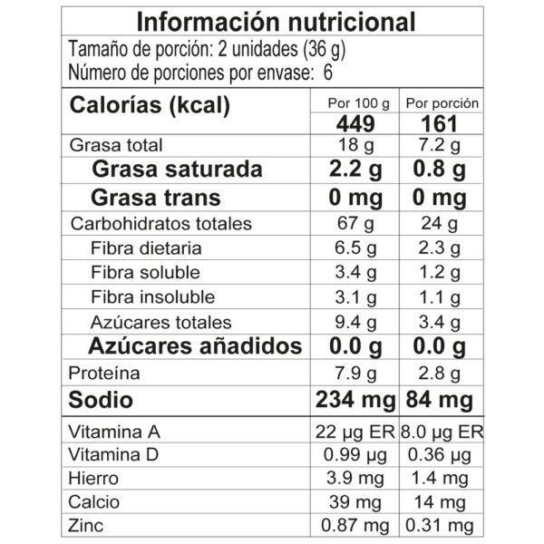 Galletas Kalá avena, uvas pasas y albaricoque 216gr tabla nutricional