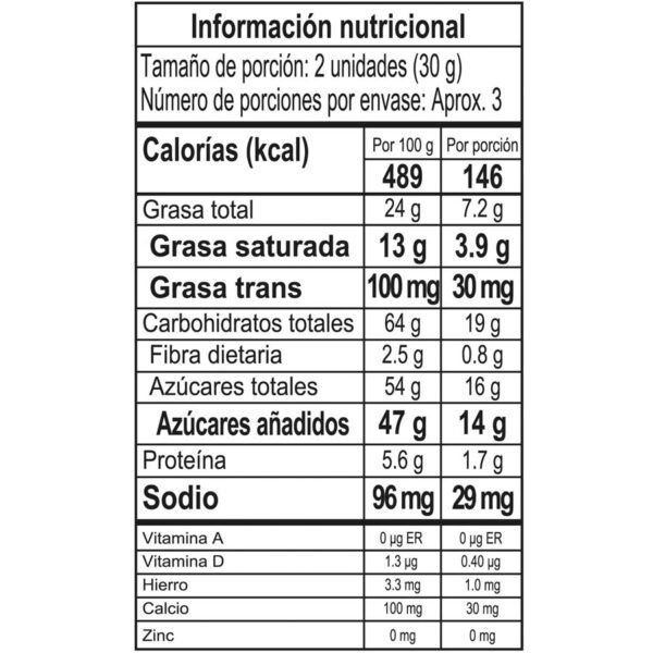 Chocolates Garoto 95g tabla nutricional